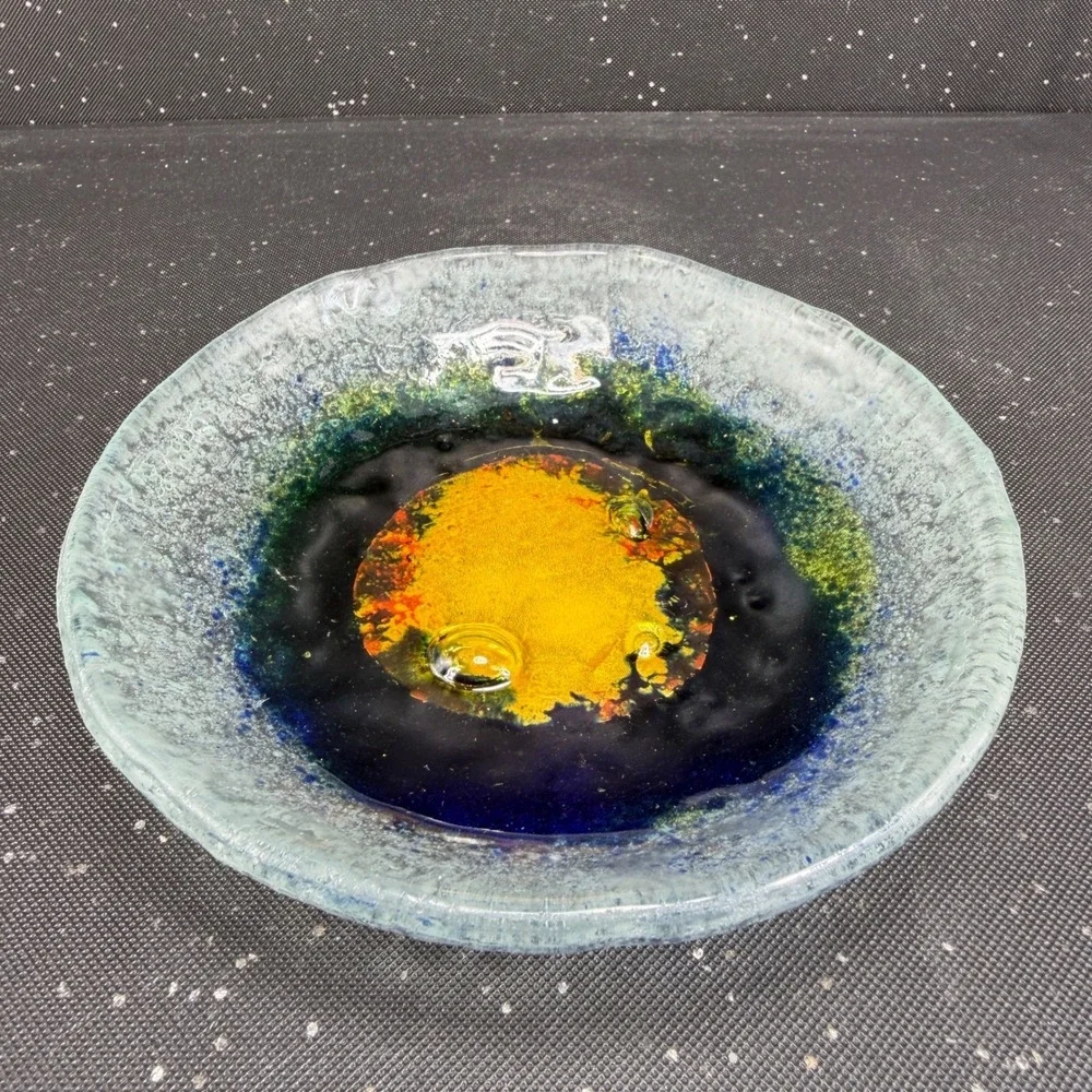 Handmade Fused Glass Bowl Dish Blue Yellow Green Celestial Art Glass Catchall